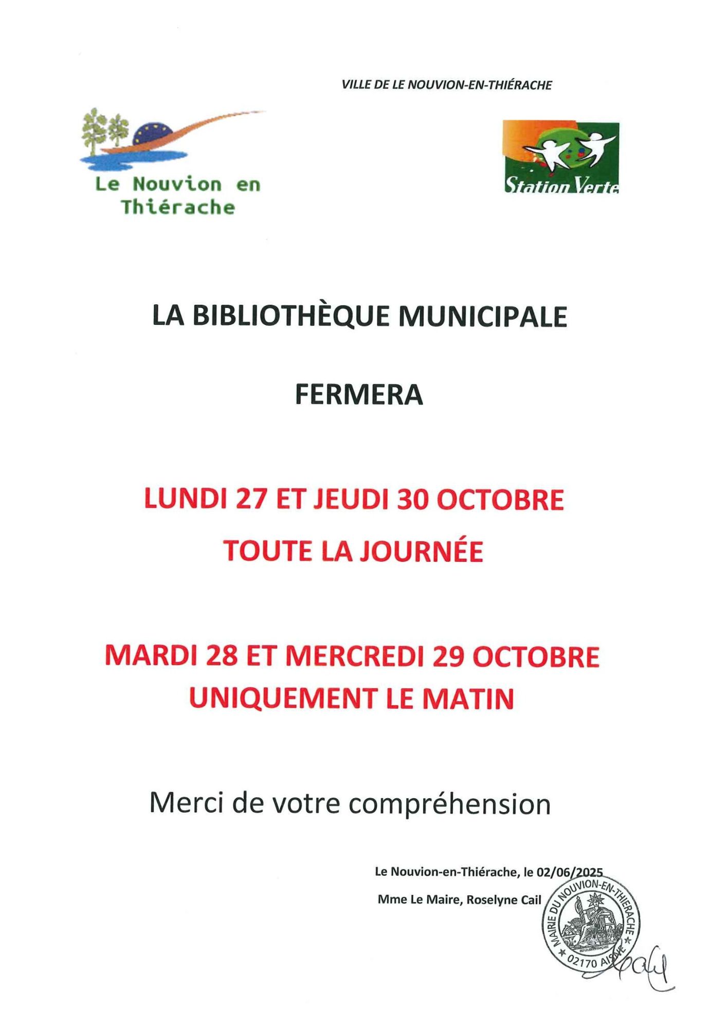 AFFICHE FERMETURE MEDIATHEQUE 27 28 29 30 OCTOBRE