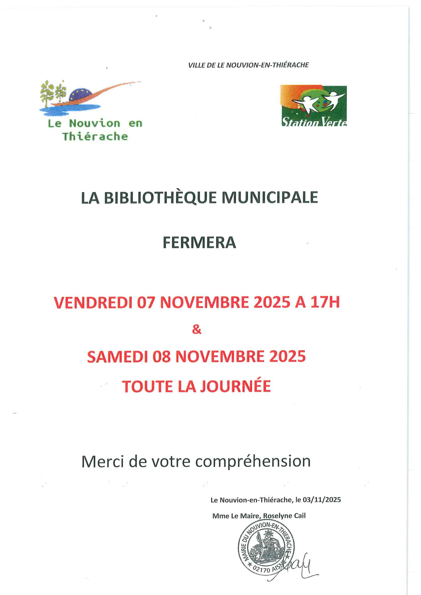 AFFICHER FERMETURE MEDIATHEQUE