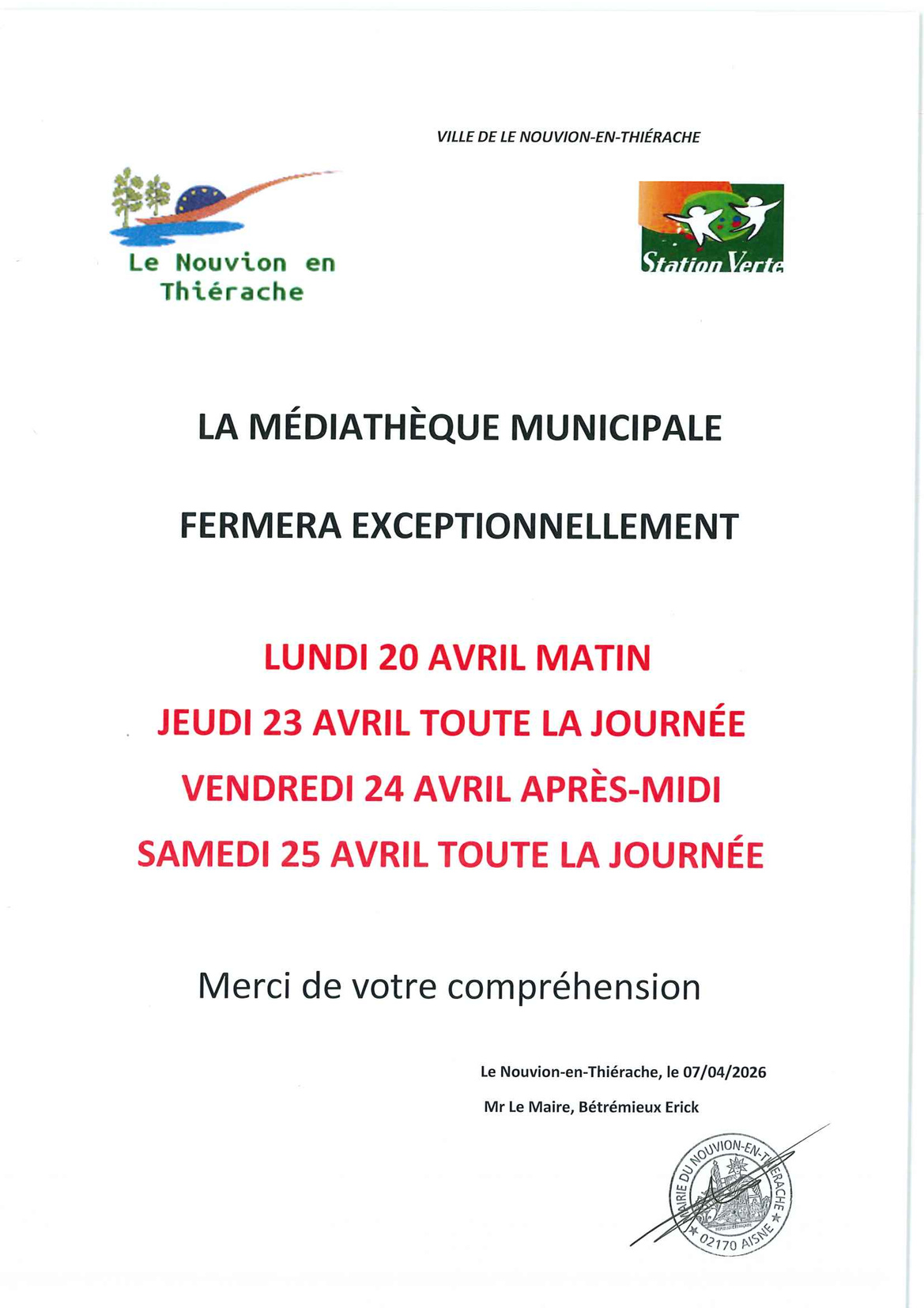 affiche fermeture médiathèque