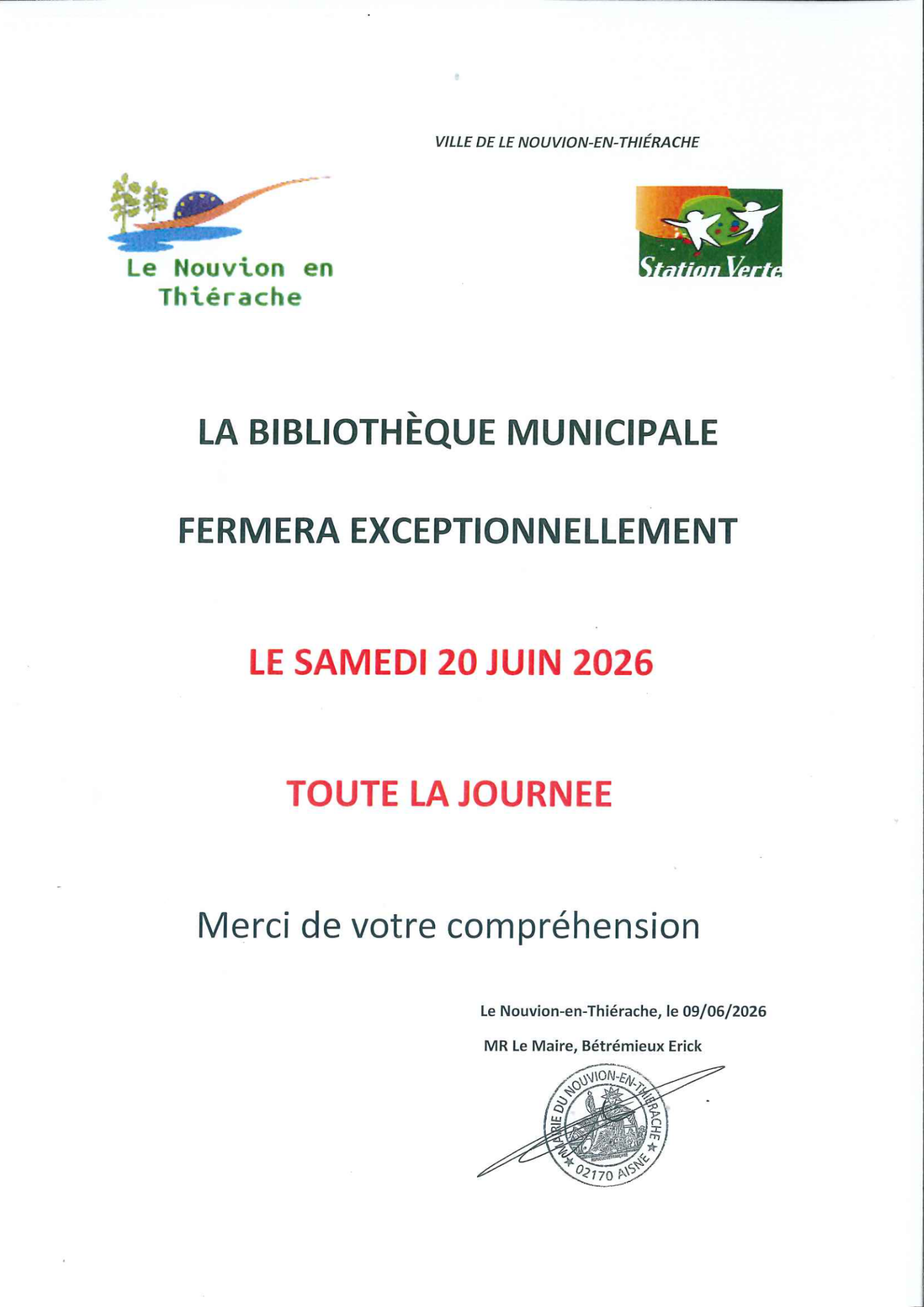AFFICHE FERMETURE MEDIATHEQUE