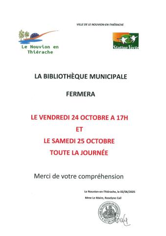 AFFICHE FERMETURE MEDIATHEQUE 24 25 OCTOBRE