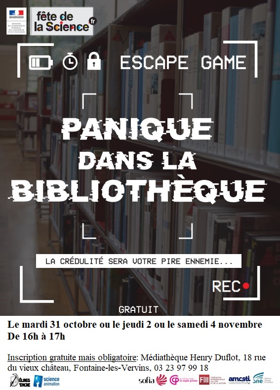 Affiche escape game "Panique dans la bibliothèque"